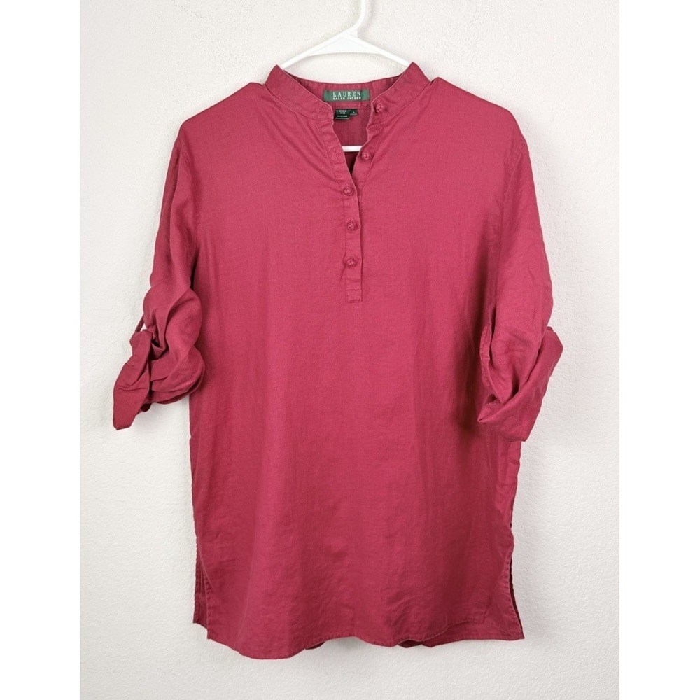 Lauren Ralph Lauren 100% Linen Tunic Top Women's L Red Popover Roll Tab Peasant